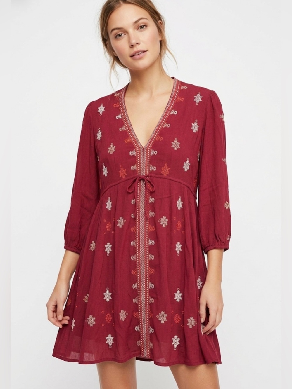 Free People Stargazer embroidered boho mini dress red Size Small